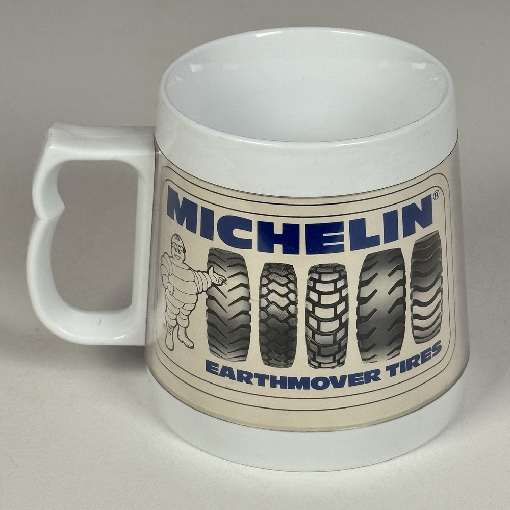 MICHELIN MAN Blue & White Thermo Serv Coffee Mug VTG Earthmover Tires USA Made